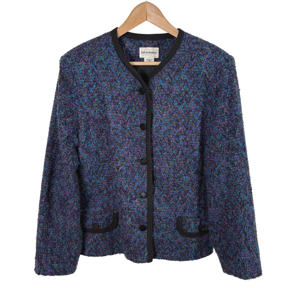 Vtg 80s Haberdashery Leslie Fay Boucle Knit Blazer Jacket Lg Purple Retro Granny